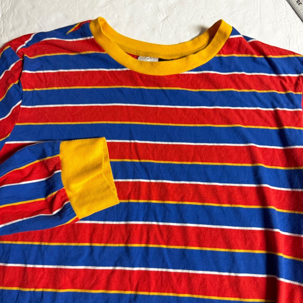 Sesame Street Mens‎ XL Long Sleeve Striped Ringer T-Shirt Red Blue Yellow Retro